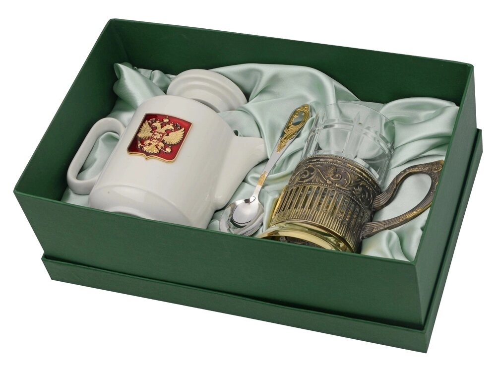 Чайный набор с подстаканником и фарфоровым чайником ЭГОИСТ-Л, золотистый/белый от компании ТОО VEER Company Group / Одежда и сувениры с логотипом - фото 1