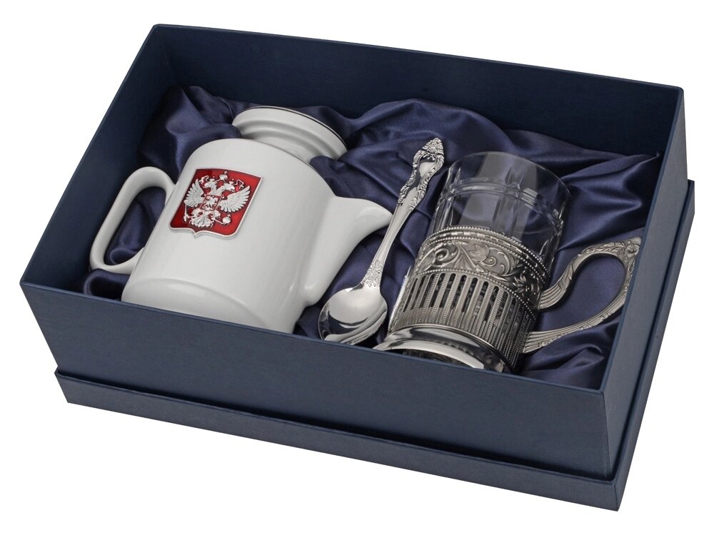 Чайный набор с подстаканником и фарфоровым чайником ЭГОИСТ-М, серебристый/белый от компании ТОО VEER Company Group / Одежда и сувениры с логотипом - фото 1