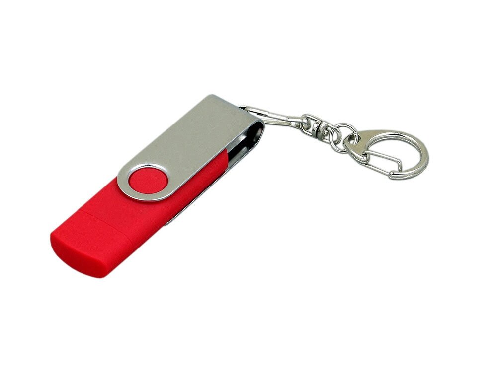 Флешка с  поворотным механизмом, c дополнительным разъемом Micro USB, 64 Гб, красный от компании ТОО VEER Company Group / Одежда и сувениры с логотипом - фото 1