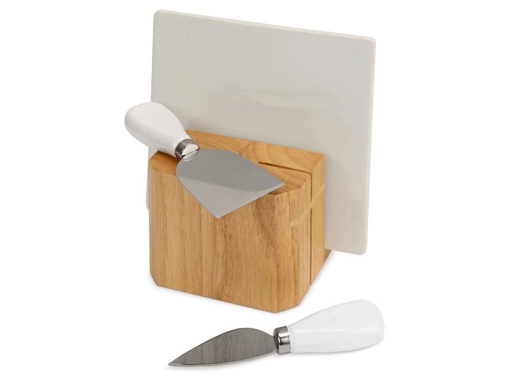 Набор для сыра Cheese Break: 2  ножа керамических на  деревянной подставке, керамическая доска от компании ТОО VEER Company Group / Одежда и сувениры с логотипом - фото 1