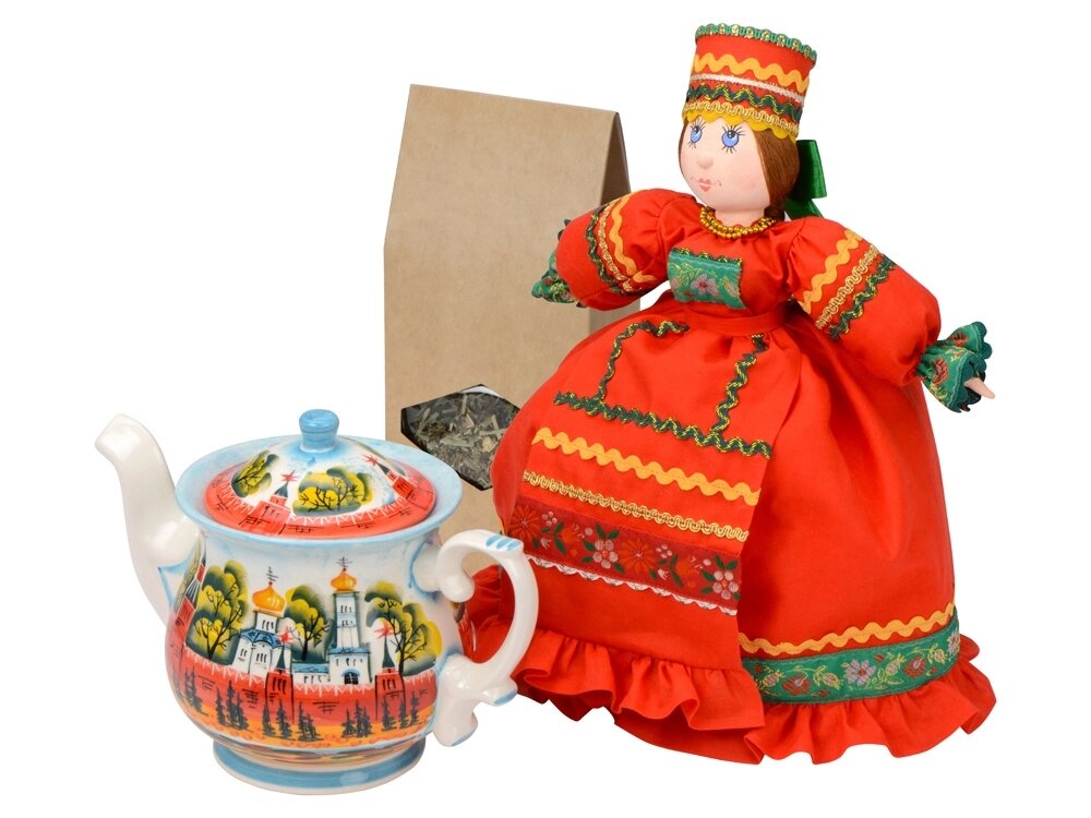 Набор Кремлевский: кукла на чайник, чайник заварной с росписью, чай травяной от компании ТОО VEER Company Group / Одежда и сувениры с логотипом - фото 1