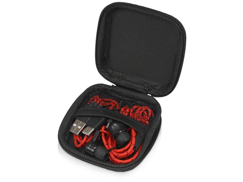 Набор с наушниками и зарядным кабелем 3-в-1 In motion, красный от компании ТОО VEER Company Group / Одежда и сувениры с логотипом - фото 1