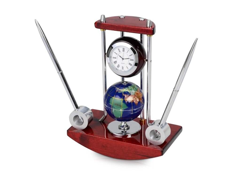 Настольный прибор Сенатор: часы с глобусом, две ручки на подставке от компании ТОО VEER Company Group / Одежда и сувениры с логотипом - фото 1