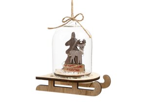 Новогоднее украшение Олень в колбе из древесины тополя и стекла, со светодиодной подсветкой, в комплекте с 2-мя