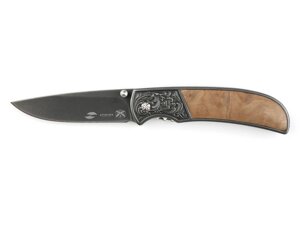 Нож складной Stinger, 71 мм, чёрный), материал рукояти: сталь/дерево (коричневый)