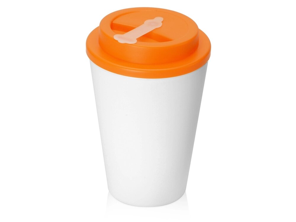 Пластиковый стакан Take away с двойными стенками и крышкой с силиконовым клапаном, 350 мл, белый/оранжевый от компании ТОО VEER Company Group / Одежда и сувениры с логотипом - фото 1