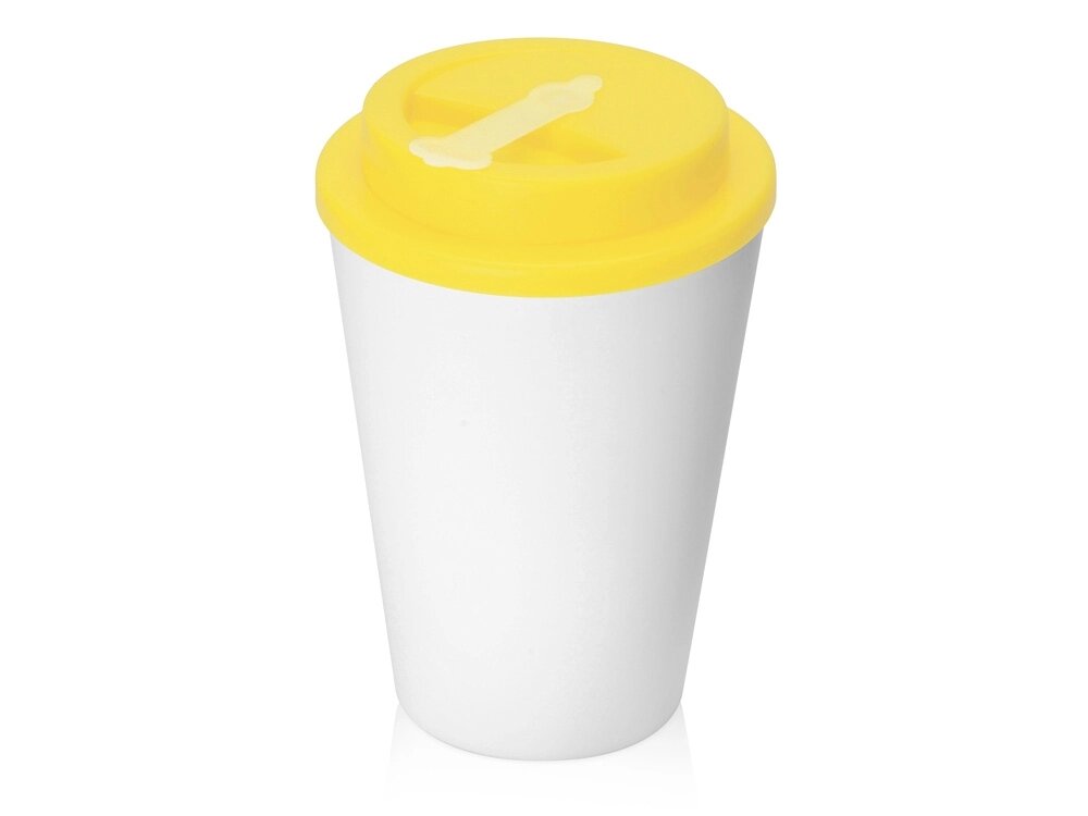 Пластиковый стакан Take away с двойными стенками и крышкой с силиконовым клапаном, 350 мл, белый/желтый от компании ТОО VEER Company Group / Одежда и сувениры с логотипом - фото 1