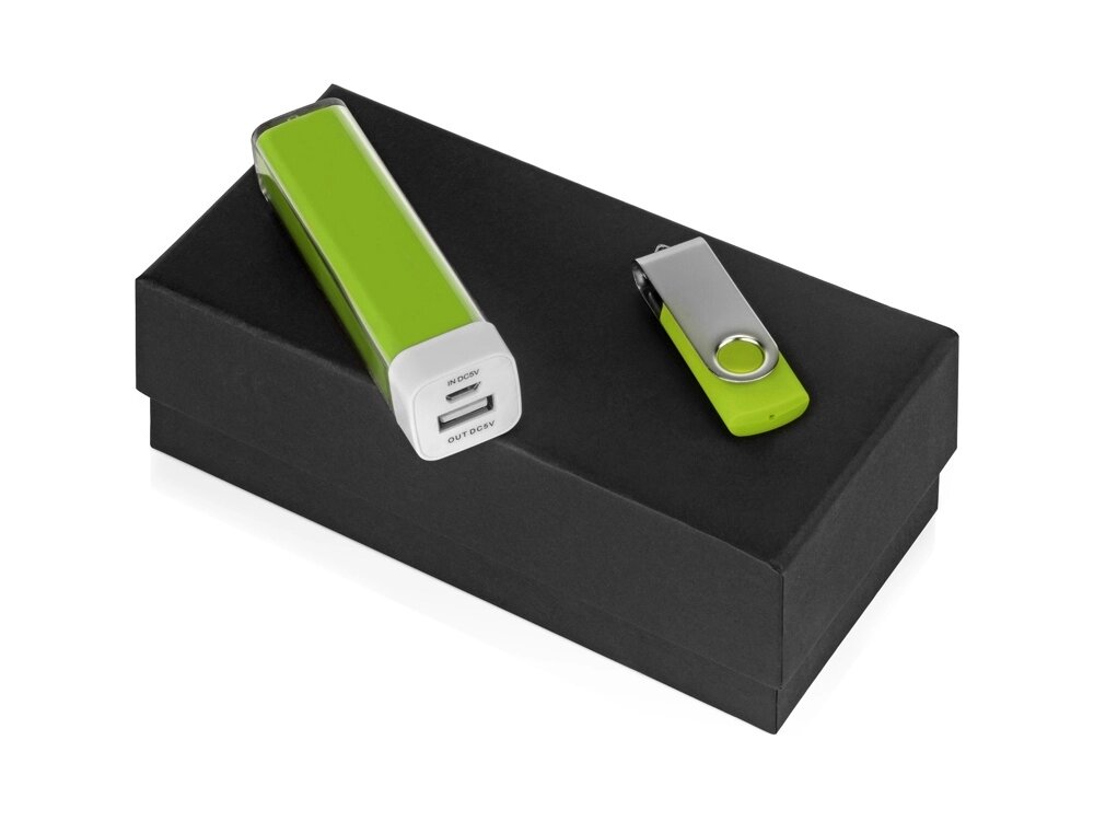 Подарочный набор Flashbank с флешкой и зарядным устройством, зеленый от компании ТОО VEER Company Group / Одежда и сувениры с логотипом - фото 1