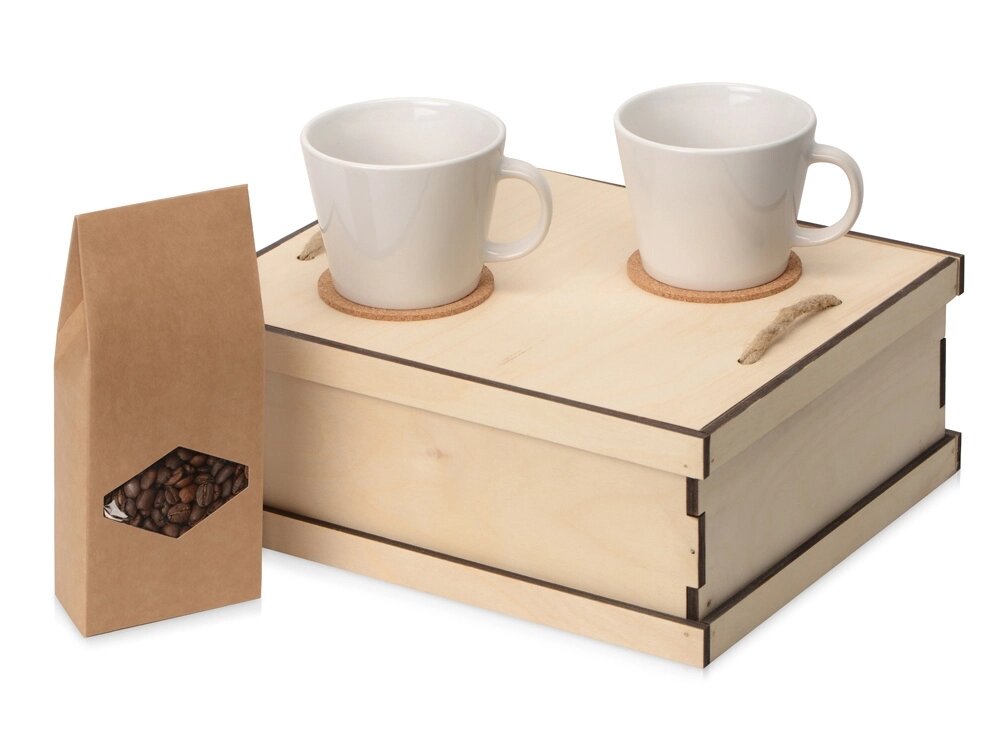 Подарочный набор с кофе, чашками в деревянной коробке Кофебрейк от компании ТОО VEER Company Group / Одежда и сувениры с логотипом - фото 1
