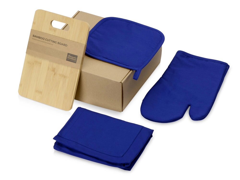 Подарочный набор с разделочной доской, фартуком, прихваткой, синий от компании ТОО VEER Company Group / Одежда и сувениры с логотипом - фото 1