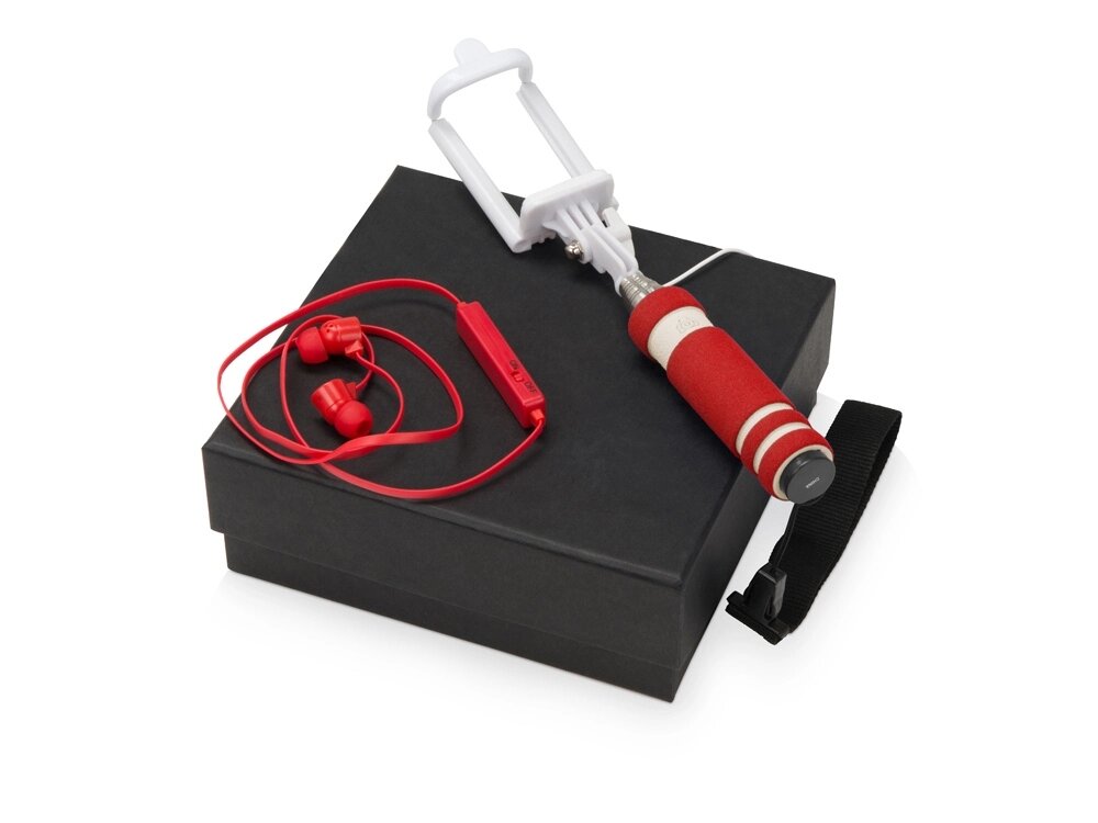 Подарочный набор Selfie с Bluetooth наушниками и моноподом, красный от компании ТОО VEER Company Group / Одежда и сувениры с логотипом - фото 1