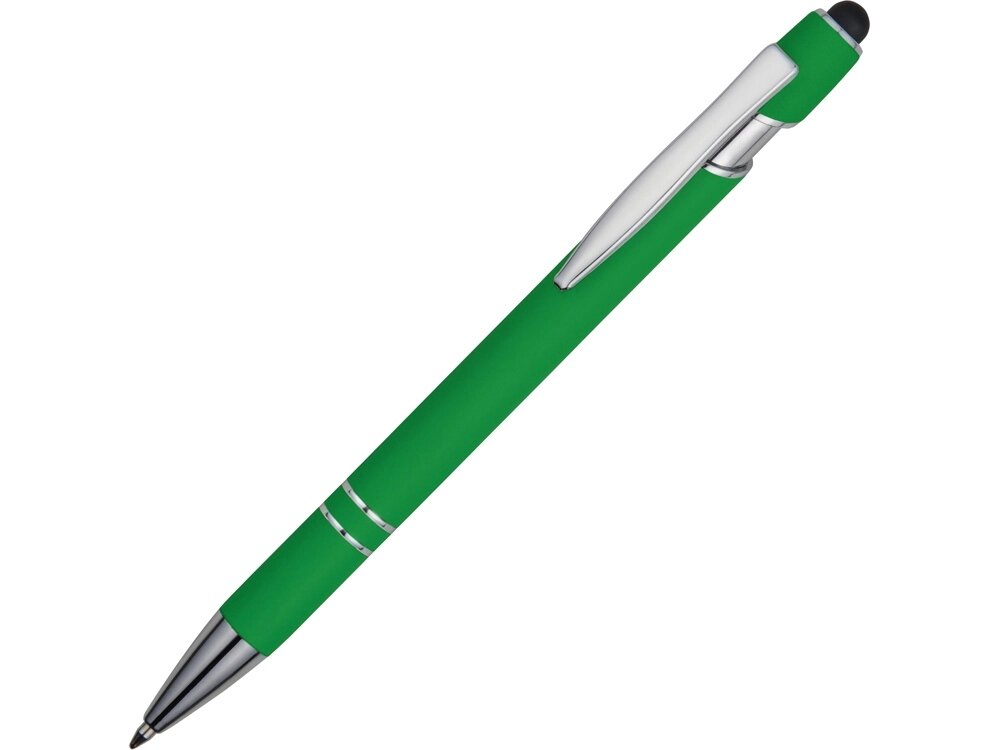 Ручка металлическая soft-touch шариковая со стилусом Sway, зеленый/серебристый от компании ТОО VEER Company Group / Одежда и сувениры с логотипом - фото 1