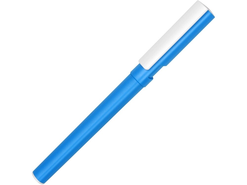 Ручка пластиковая шариковая трехгранная Nook с подставкой для телефона в колпачке, голубой/белый от компании ТОО VEER Company Group / Одежда и сувениры с логотипом - фото 1