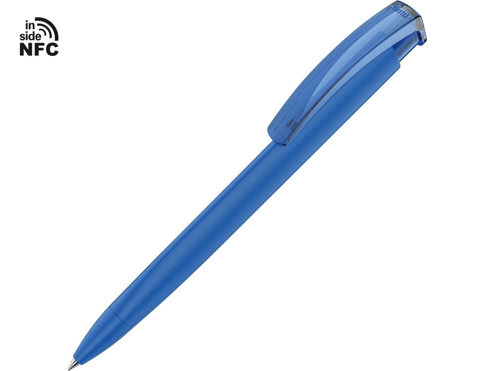 Ручка пластиковая шариковая трехгранная Trinity K transparent Gum soft-touch с чипом передачи инфо, синий от компании ТОО VEER Company Group / Одежда и сувениры с логотипом - фото 1