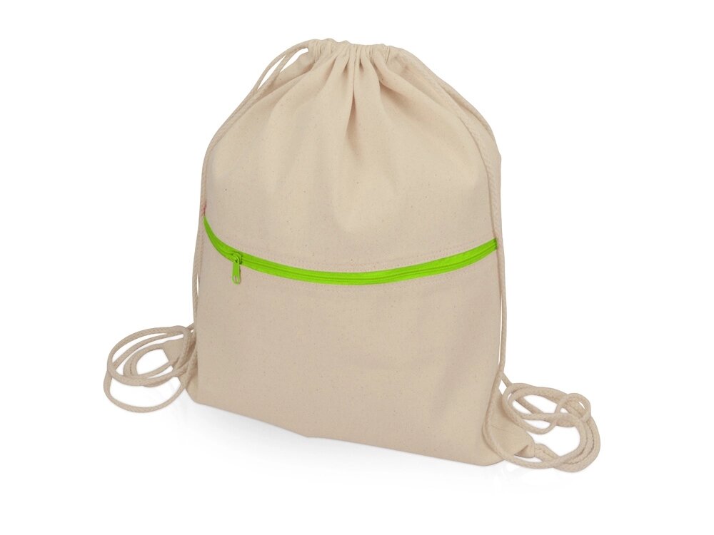 Рюкзак-мешок хлопковый Lark с цветной молнией, натуральный/зеленое яблоко от компании ТОО VEER Company Group / Одежда и сувениры с логотипом - фото 1