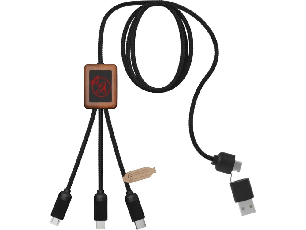 SCX. design C38 Зарядный кабель 3 в 1 из переработанного PET-пластика с красной подстветкой и квадратным деревянным от компании ТОО VEER Company Group / Одежда и сувениры с логотипом - фото 1