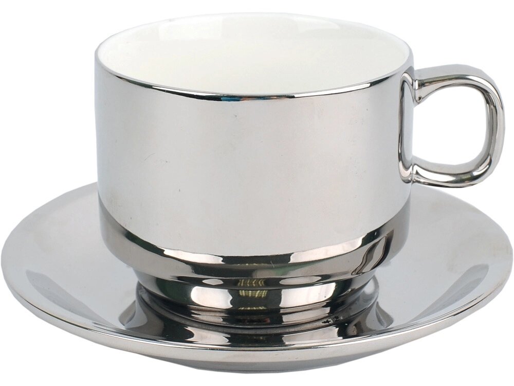 Серебряная чайная пара: чашка на 250 мл с блюдцем от компании ТОО VEER Company Group / Одежда и сувениры с логотипом - фото 1