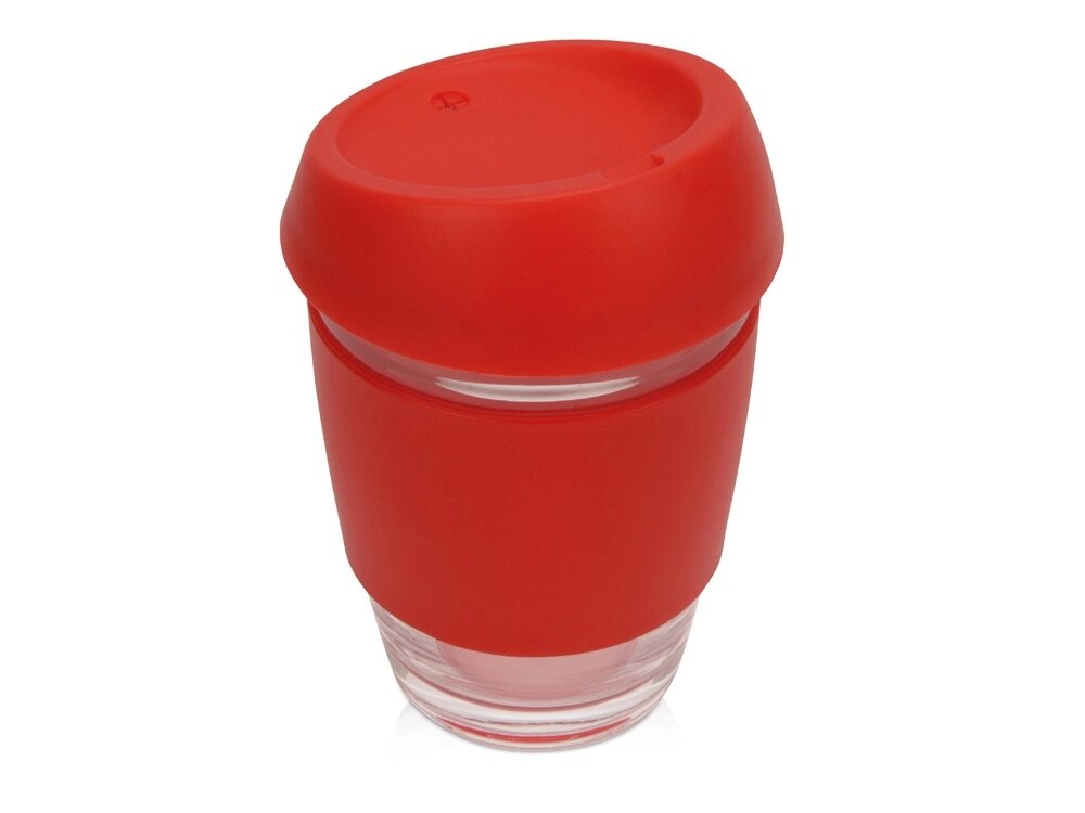 Стеклянный стакан Monday с силиконовой крышкой и манжетой, 350мл, красный от компании ТОО VEER Company Group / Одежда и сувениры с логотипом - фото 1