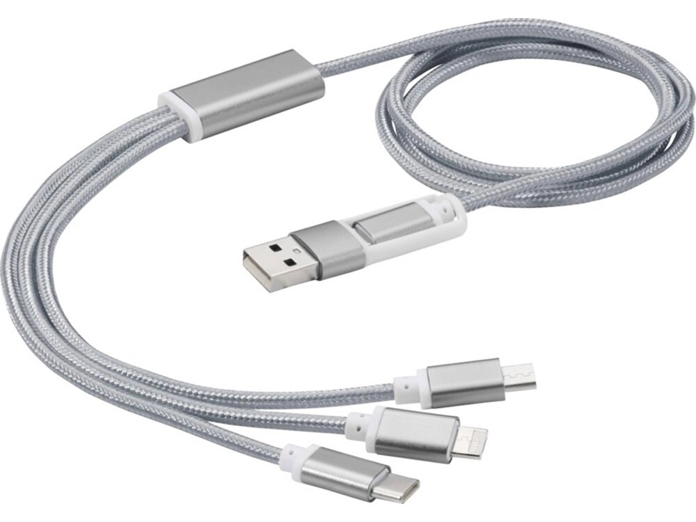 Универсальный зарядный кабель 3-в-1 с двойным входом, серебристый от компании ТОО VEER Company Group / Одежда и сувениры с логотипом - фото 1