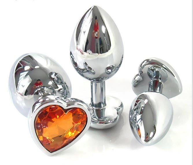 Анальные металлические пробки с сердцем и кристаллом (цвет кристаллика рандомный) длина 8 см, диаметр 3,4 см. ##от компании## Точка G оптом - ##фото## 1