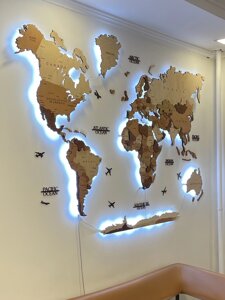 Карта мира из дерево с ПОДСВЕТКОЙ 3D Многоуровневая 200*130см, цвет "светлый дуб" в Алматы от компании 3DWOOD - мастерская по изготовлению интерьерных карт на стену