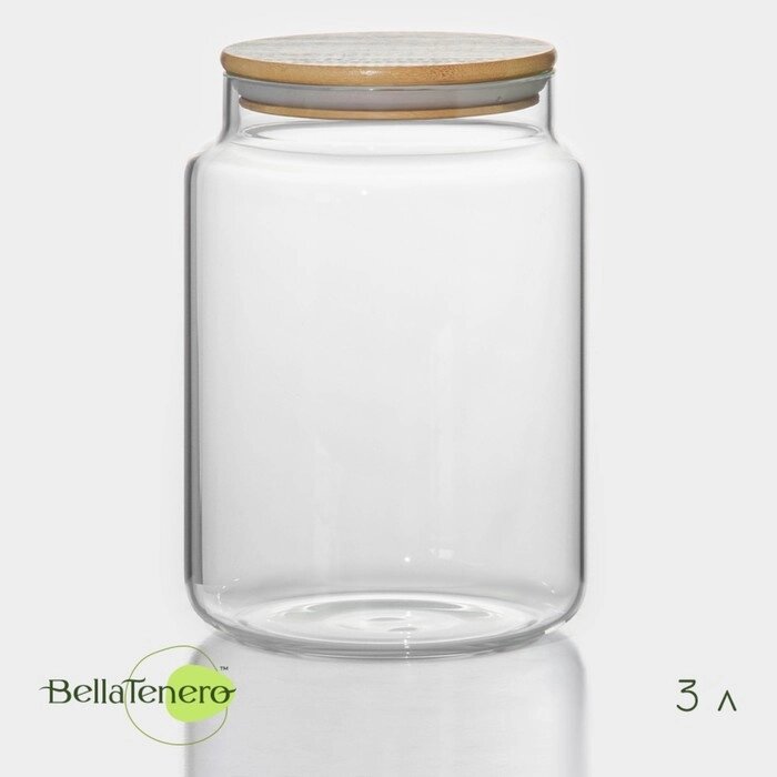 Банка стеклянная для сыпучих продуктов с бамбуковой крышкой BellaTenero 'Эко', 3 л, 14,5x21 см от компании Интернет-магазин "Flap" - фото 1