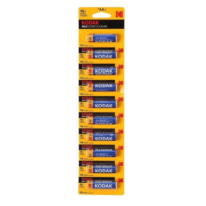 Батарейка алкалиновая Kodak Max, AA, LR6-10BL, 1.5В, отрывной блистер, 10 шт. от компании Интернет-магазин "Flap" - фото 1