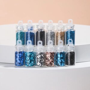 Блёстки для декора 'Небесное мерцание'набор 12 бутылочек, крупные/мелкие, разноцветные