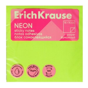 Блок с липким краем бумажный 75х75 мм, ErichKrause 'Neon'100 листов, зеленый