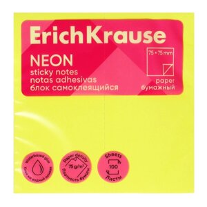 Блок с липким краем бумажный 75х75 мм, ErichKrause 'Neon'100 листов, желтый