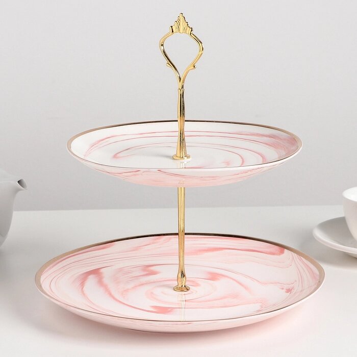 Блюдо керамическое 2-х ярусное 'Мрамор', d20,5/25 см, цвет розовый от компании Интернет-магазин "Flap" - фото 1