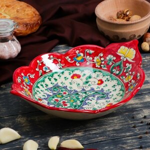 Блюдо Риштанская Керамика 'Цветы'29 см, красное, рифлёное, овальное