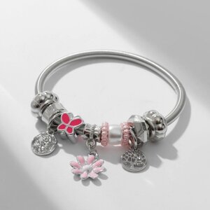 Браслет ассорти 'Марджери' одинарный, цветочек, цвет розовый в серебре