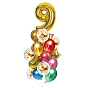 Букет из шаров 'День рождения 9 лет'фольга, латекс, набор 21 шт., цвет золотой