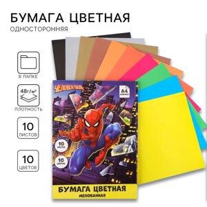 Бумага цветная, А4, 10 листов, 10 цветов, мелованная, одностороняя, в папке, 80 г/м, Человек-паук