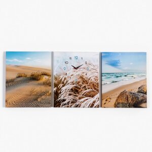 Часы-картина настенные модульные, триптих 'Песчаные пляжи'плавный ход, 3 шт 48х39 см