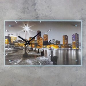 Часы-картина настенные, серия Город, Ночной город и архитектура'стекло, 35х60 см