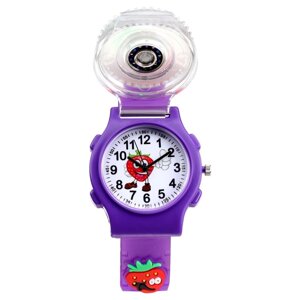 Часы наручные детские, Клубника'd-3,5 см, ремешок силикон l-21,5 см, с подсветкой