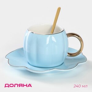 Чайная пара керамическая 'Цветок'3 предмета чашка 240 мл, блюдце d16 см, ложка, цвет голубой