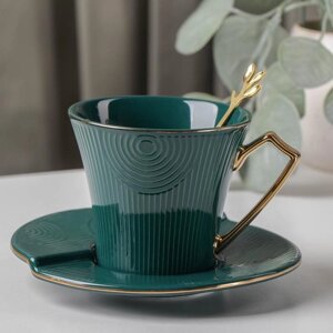 Чайная пара керамическая 'Элизабет'3 предмета чашка 240 мл, блюдце d13,5 см, ложка, цвет зелёный
