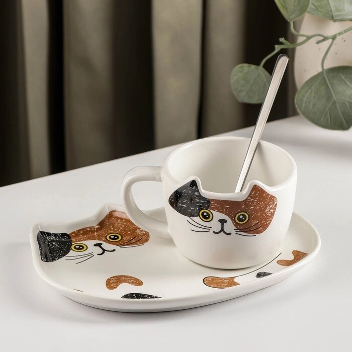Чайная пара керамическая 'Котик', 3 предмета чашка 200 мл, блюдце 18,5x13,5 см, ложка от компании Интернет-магазин "Flap" - фото 1