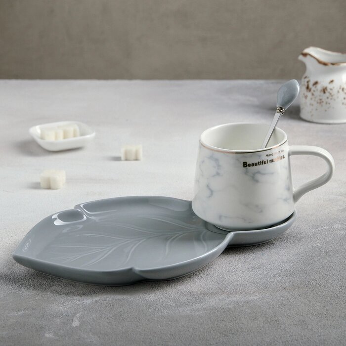 Чайная пара керамическая 'Листочек', 3 предмета чашка 320 мл, блюдце 25,5x16 см, ложка, цвет серый от компании Интернет-магазин "Flap" - фото 1