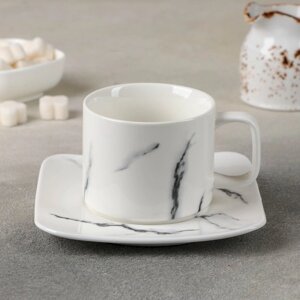 Чайная пара керамическая 'Мрамор'2 предмета чашка 220 мл, блюдце d14 см, цвет белый (комплект из 8 шт.)