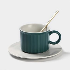 Чайная пара керамическая 'Профитроль'3 предмета чашка 180 мл, блюдце d13,7 см, ложка, цвет зелёный/белый