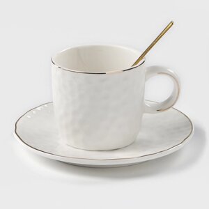 Чайная пара керамическая 'Роскошь'3 предмета кружка 200 мл, блюдце d15 см, ложка h13 см, цвет белый