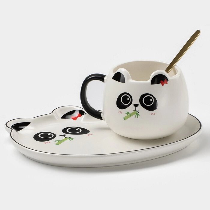 Чайная пара керамическая с ложкой 'Панда', 2 предмета кружка 180 мл, блюдце, рисунок МИКС от компании Интернет-магазин "Flap" - фото 1