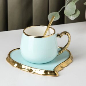 Чайная пара керамическая 'Сердце'2 предмета чашка 320 мл, блюдце d16,6 см, ложка, цвет голубой