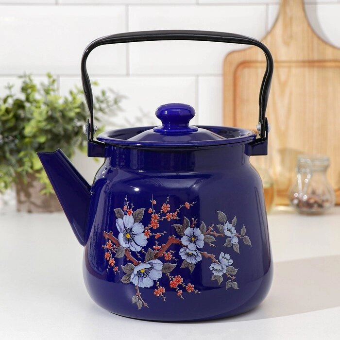Чайник 'Цветение', 3,5 л, эмалированная крышка, цвет синий от компании Интернет-магазин "Flap" - фото 1