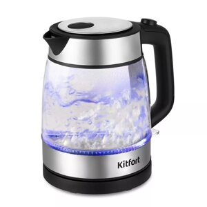 Чайник электрический Kitfort КТ-6184, стекло, 1.2 л, 2200 Вт, чёрно-серебристый