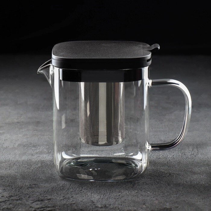 Чайник стеклянный заварочный 'Кватро', 1 л, с металлическим ситом, цвет чёрный от компании Интернет-магазин "Flap" - фото 1